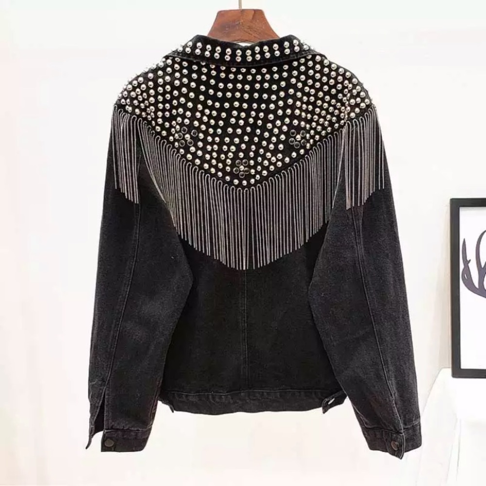 SOLD OUT Black Oversized Studded Chain Fringe Denim Jacket - Picture 8 of 8